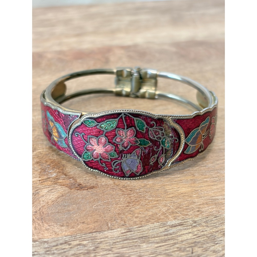 Vintage Red Cloisonne Enamel Butterfly Hinged Bangle Bracelet Floral Boho